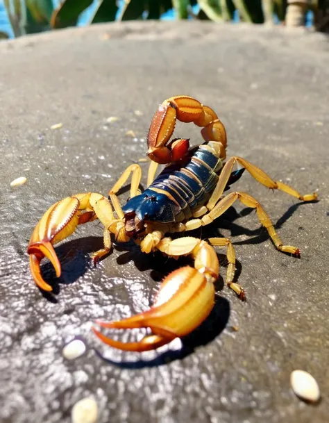 (Realistic:1.5) EdobScorpion, food, armor, scenery, silk, from side, outdoors, helmet, beach, full armor, monster, armor, <lora:EdobScorpionPhotoReal_XL_v1.0:0.8>