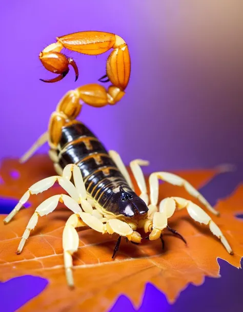 (Realistic:1.5) EdobScorpion, monster, white background, tail, photo background, military, on side, blurry background, leaf, knight, orange theme, purple theme, <lora:EdobScorpionPhotoReal_XL_v1.0:0.8>