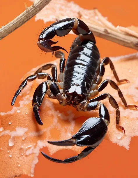 (Realistic:1.5) EdobScorpion, sky, blonde hair, footprints, meat, snow, water, orange background, petals, spider, water, science fiction, <lora:EdobScorpionPhotoReal_XL_v1.0:0.8>