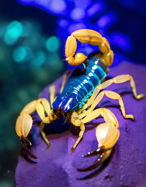 (Realistic:1.5) EdobScorpion, underwater, nude, monster, blue theme, acrylic paint (medium), long hair, blurry, purple theme, claws, rock, shorts, <lora:EdobScorpionPhotoReal_XL_v1.0:0.8>