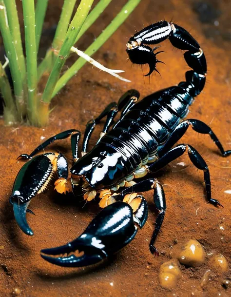 (Realistic:1.5) EdobScorpion, acrylic paint (medium), teeth, monster, grass, crab, underwater, bug, simple background, solo, fangs, painting (medium), <lora:EdobScorpionPhotoReal_XL_v1.0:0.8>