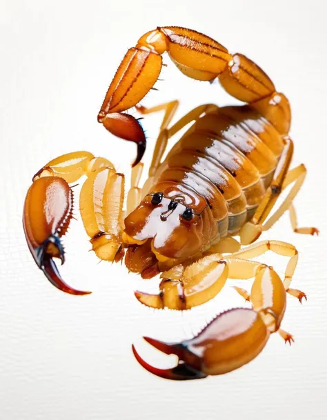 (Realistic:1.5) EdobScorpion, food focus, dated, blue eyes, blonde hair, simple background, yellow theme, meat, oversized animal, day, silk, watercolor (medium), <lora:EdobScorpionPhotoReal_XL_v1.0:0.8>