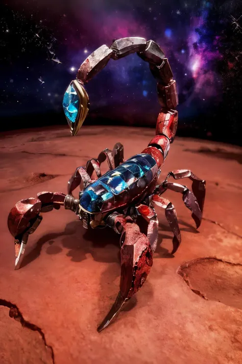 (Realistic:1.5) EdobScorpion, from above, (red skin:1.3), rocks, silk, gem, desert background, lineart, mechanization, space, <lora:EdobScorpionArtistic_v1.0:0.8>