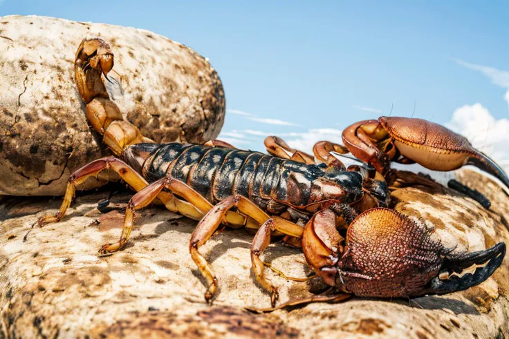 (Realistic:1.5) EdobScorpion, shorts, dinosaur, leaf, traditional media, lying, blue sky, male focus, dinosaur, shorts, silk, <lora:EdobScorpionPhotoReal_v1.0:0.8>