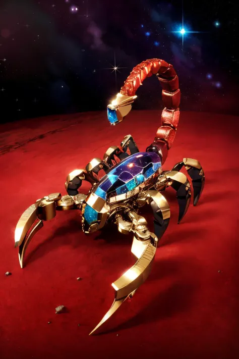 (Realistic:1.5) EdobScorpion, from above, (red skin:1.3), rocks, silk, gem, desert background, lineart, mechanization, space,  <lora:EdobScorpionArtistic_v1.0:0.8>