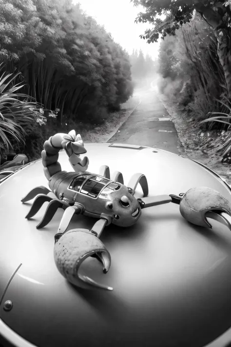 (Realistic:1.5) EdobScorpion, bow, greyscale, cockpit, non-humanoid robot, forest, very long hair, lying, on back, character name, pov, animal,  <lora:EdobScorpionArtistic_v1.0:0.8>