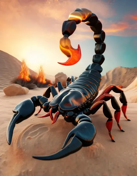(Realistic:1.5) EdobScorpion, retro artstyle, sky, fire, fine art parody, animal, horns, pov, pov hands, rock, sand, out of frame,  <lora:EdobScorpionArtistic_XL_v1.0:0.8>