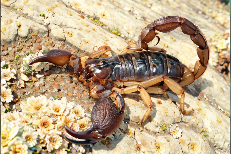 (Realistic:1.5) EdobScorpion, from above, water, border, spider web, from side, flower field, shorts, solo, helmet, bone, <lora:EdobScorpionPhotoReal_v1.0:0.8>