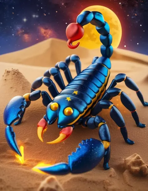 (Realistic:1.5) EdobScorpion, pov, multiple boys, starry sky, sand, thrusters, red eyes, from above, yellow theme, star (symbol), blue eyes, fire, <lora:EdobScorpionArtistic_XL_v1.0:0.8>