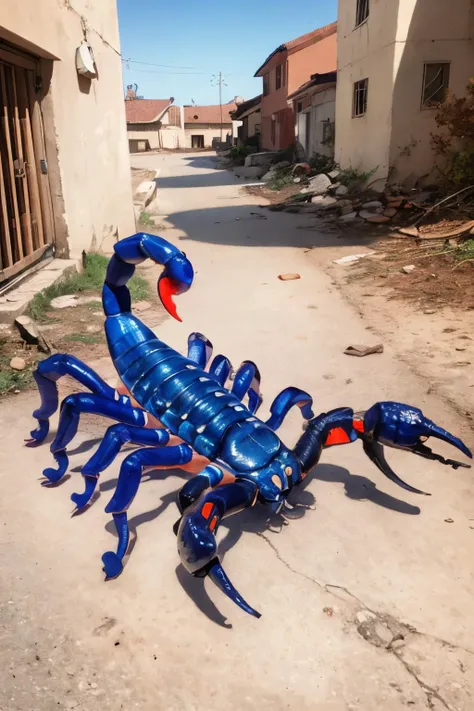 (Realistic:1.5) EdobScorpion, damaged, on stomach, shadow, military vehicle, blue hair, parody, concept art, tentacles, spider web, science fiction, pokemon (creature), <lora:EdobScorpionArtistic_v1.0:0.8>