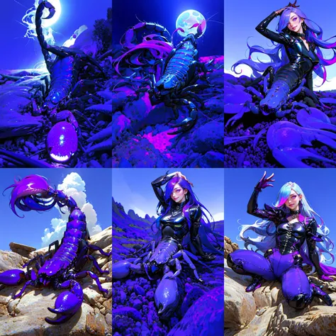 (otherworldly, otherworldly atmosphere, otherworldly appearance), highly insanely detailed, masterpiece, top quality, best quality, highres, 4k, 8k, RAW photo, (long_hair, long hair), collar, earrings, jewelry,
(random colors cloth, random colors hair, random long hair, dynamic hair, glowing hair),
long hair, eyelashes, eyeliner, makeup, hair over one eye,
(dynamic pose), (dynamic weather),
(Realistic:1.5) EdobScorpion, retro artstyle, sword, what, full body, realistic, monster, food focus, bug, blue sky, purple theme, <lora:EdobScorpionPhotoReal_v1.0:0.8>,
(smiling at viewer), (fantasy world)