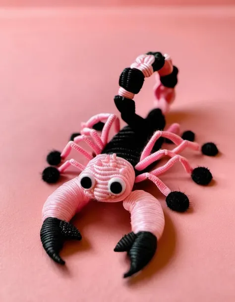 (Realistic:1.5) EdobScorpion, pink background, food, creature, close-up, blurry, oversized animal, black pants, single braid, monster, circle, bow, <lora:EdobScorpionArtistic_XL_v1.0:0.8>