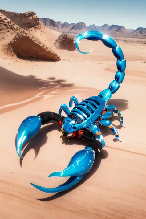 (Realistic:1.5) EdobScorpion, claws, blue hair, concept art, thrusters, white border, pokemon (creature), red eyes, black eyes, desert, military, striped,  <lora:EdobScorpionArtistic_v1.0:0.8>