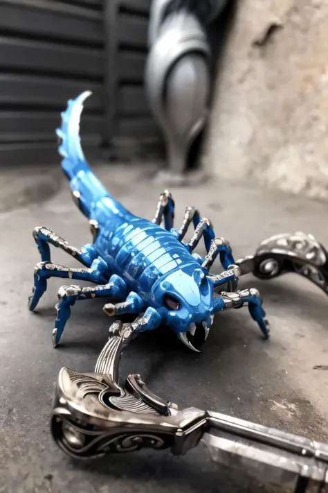 (Realistic:1.5) EdobScorpion, pokemon (creature), banana, blurry, hair bow, blue hair, greyscale, extra arms, close-up, dragon, weapon, weapon, <lora:EdobScorpionArtistic_v1.0:0.8>