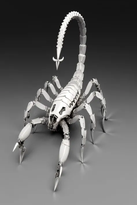 (Realistic:1.5) EdobScorpion, surreal, standing, artist name, machinery, grey background, multiple legs, greyscale, black pants, simple background, bone, sun, <lora:EdobScorpionArtistic_v1.0:0.8>