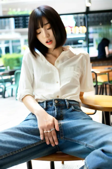 masterpiece,best quality,best aesthetic,film photography,Raw format,ultrahigh-res photo of an 24-year-old Korean idol,
(she is putting one hand on her crotch:1.2) and (arm behind back), <lora:fingering_female masturbation_v1:0.85>,<lora:orgasm face_v1:0.5>,orgasm face, female orgasm, orgasm,(open mouth:0.8), SShe spread her legs and sat on a chair in the cafe,wearing shirt
wearing short jeans,medium breasts,wearing a ring,sitting
short hair, solo, spread legs, black hair, closed eyes, indoors, (depth of field,bokeh),cafe background
<lora:PornMaster-Amateur&DPO-FULL+sdsFILM_v5:0.3>,, <lora:pornmaster_dpo+braV7:0.2>