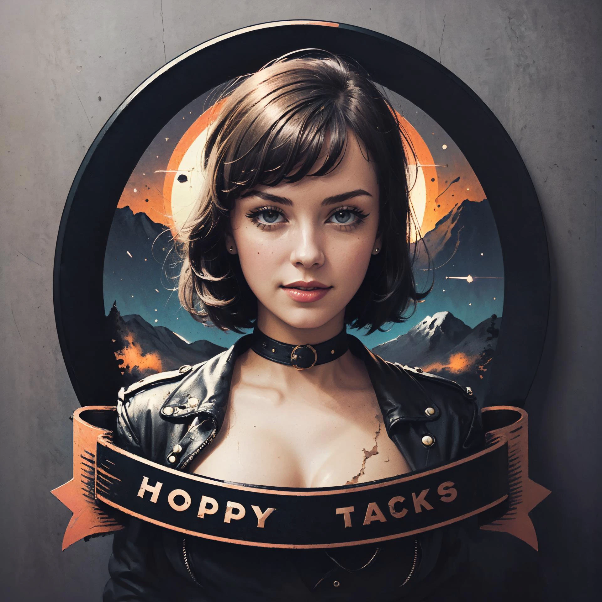 ((nsfw, upper body portrait,(logo,emblem, ribbon, circular shape))):5,(((flat-colors))):1.75,(((rockets behind her))),mountain,chrome,heavy metal,ornaments,
1girl,busty,cute,smile512,topless,big breasts squeezed together,big Nipple areola,pink nipples,detailed nipples,pale skin,patreotic pose,
wearing an aviator leather jacket,sexy,red lipstick,Styling Mod Bob Haircut,
((40s style,vintage,old picture,warm washed out colors,damaged logo ,cracks in logo,creases in logo,scratches on the surface, vignette, rust)),
<lora:RibbonLogo_v1_R64:0.8>,<lora:breastsqueeze:0.35>,