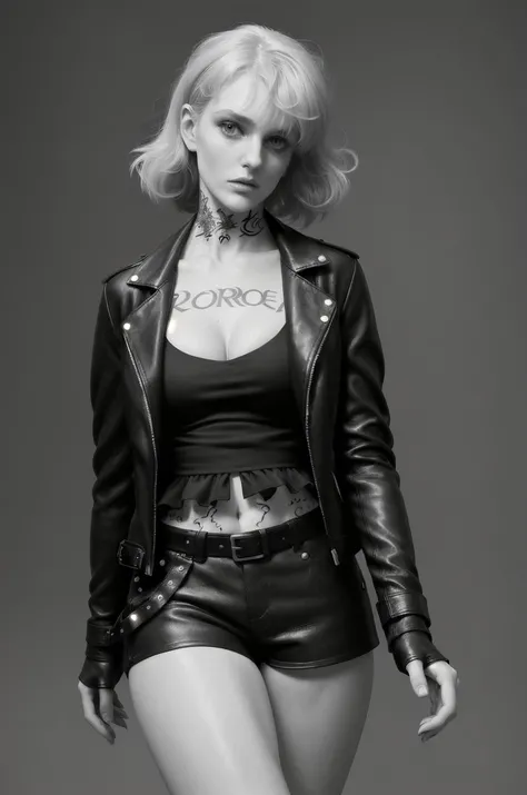 voluptuous Scandinavian super-model Reverend, Auroracore fashion style, tiny leather jacket, cut-off booty shorts, Taper hairstyle, Paolo Roversi, Gloomcore, Monochrome, Neo-Fauvism, intricate, Raw digital photo, Hedi Slimane, big tits, thick thighs, beautiful detailed face, wind-swept long Ashen hair, movement pose, (tattooed beauty:1.2), pale skin, exposed midriff, crazy cleavage,