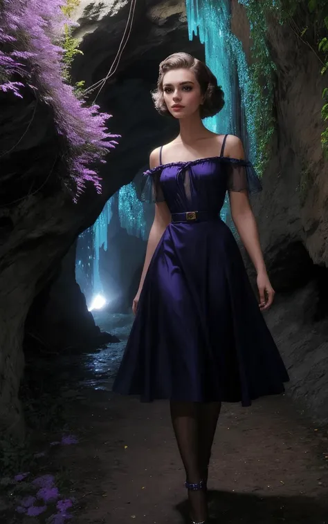 (1960s style,retro,vintage,old photo style,vibrant colors,Photography by László Moholy-Nagy:1.3),(cinematic still:1.1),OverallDetail, cute hair (wide angle long range bokeh foreground, solo focus, cinematic photoshoot of perfect seductive young woman in Mystical Cave with Luminous Crystals:1.3), hidden cave, its walls aglow with iridescent crystals casting prismatic light, creating a kaleidoscope of colors that illuminate an underground river and ethereal fauna. opal effects. purple magenta energy aura