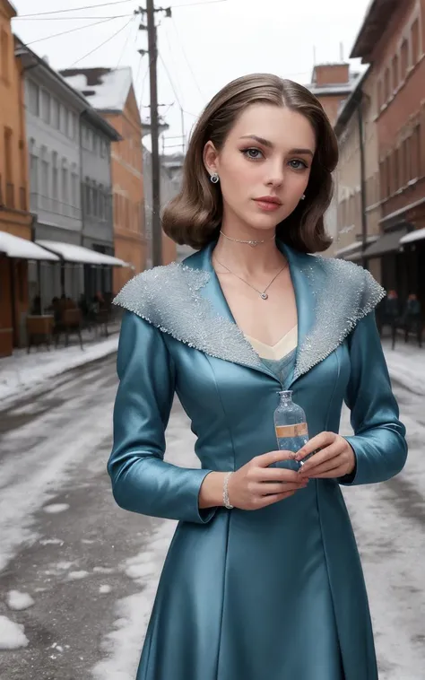 (1960s style,retro,vintage,old photo style,vibrant colors,Photography by László Moholy-Nagy:1.3),(cinematic still:1.1),OverallDetail, cute hair (clothed, masterpiece, wide angle, cinematic establishing shot, young adult european woman, highly detailed background:1.2), volumetric lighting, subsurface scattering, dynamic pose, (special effects, color grading, fantasy aura), (Frost Alchemist:1.4), (Medium Covered breasts:0.81), Hoarfrost patterns, alchemical vials, icy breath, frozen potions