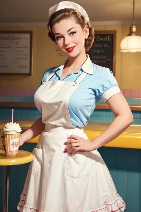 looking at viewer, best quality, masterpiece, saggy breasts, smile, happy, girl, <lora:Mejores_Manos:1> big milkshake, elegant 1950s housewife wearing a colorful 1950s waitress uniform, skirt, apron, shirt, (in 1950s fast food restaurant), candy colors, Professional photo, cinematic lighting, volumetric shadows, (backlighting:0.6), shallow depth of field, deep focus,