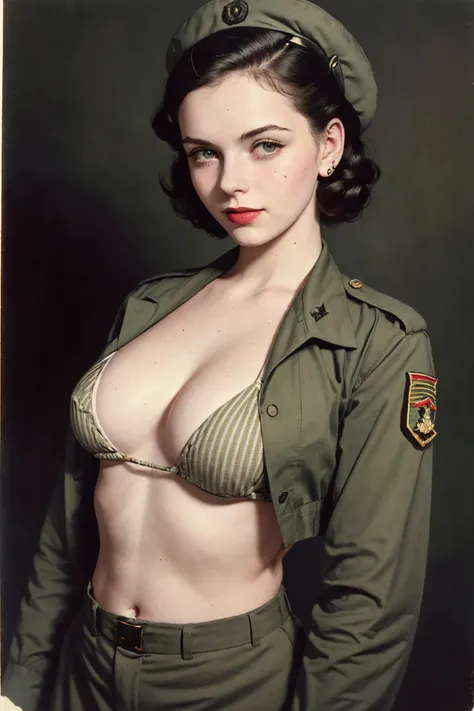 ((upper body portrait)),Photography by Walker Evans,
a beautiful busty topless young female soldier,Pompadour Haircut,American Women's Army Corps (WAC) Uniform: Khaki/olive drab, jacket and skirt/slacks, shirt and tie, service/garrison cap, insignia,on a vast plain dotted with grazing buffalo,Holding an object pose,
((big soft puffy tits)):2.5,big Nipple areola,pink nipples,detailed nipples,(bikini stripes:1.28),pale skin,highly detailed face,red lipstick,dirty skin,sweaty skin,smile512,
(Dynamic Lighting, simple background,dark background):1.4,
((1940s style,vintage,old war photo style,warm colors)),