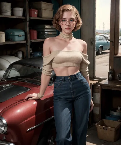 1950s Garage  \(style\)  photo of  20 year old  jp-Yaroslava-850 ,Short curly bob, vintage cat-eye glasses, Capri pants, off-shoulder top, scarf, Retro garage, hot rod, mechanics tools, Olympus OM-D E-M10 Mark IV, 28mm f/2, 1/50s, ISO 280, Agfa Vista 400