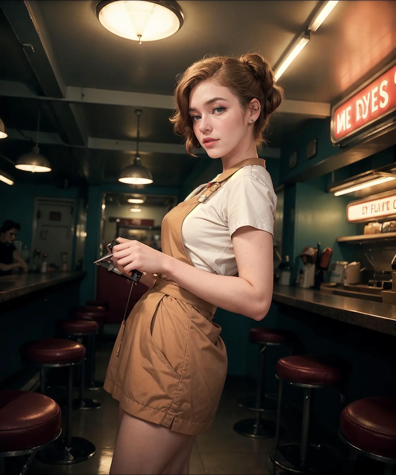 1950s Diner \(style\) photo of 20 year old jp-Yaroslava-850 ,High bun, winged eyeliner, cherry red lips, Waitress uniform, apron, roller skates, Vintage diner, neon lights, jukebox, Fujifilm X-T4, 35mm f/2, 1/125s, ISO 160, Lomography Color Negative 400