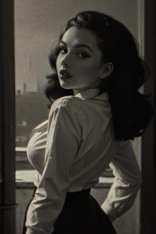 vintage, retro, (silhouette, spotlight), a beautiful curvy and busty young woman, pale skin, highly detailed face, colorful lipstick, pretty eyes, simple background, dark background, (1950s style, (vibrant colors)), colorful clothes, wearing a 1950s housewife attire, peck lips, round lips, thick lips, <lora:1947_Paris:0.9> 1947-Paris, blurry, unconventional media, monochrome,