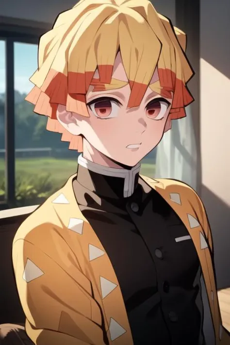 masterpiece, best quality, high quality, 1boy, solo, male focus, looking at viewer, upper body, <lora:agatsuma_zenitsu:0.80>, agatsuma_zenitsu, blonde hair, demon_slayer_uniform,