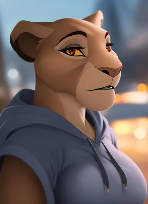 sarabi, furry female anthro, lion girl, portrait, close-up,  (hoodie:1.2),  fur trim, solo, (body fur:1.2), (best quality), (detailed urban background:1.2), dramatic lighting, (detailed fluffy fur:1.1), looking at viewer,   medium breasts, white undershirt, <lora:sarabi-v3:1>