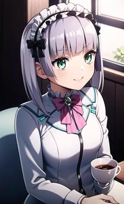 1girl, green eyes, solo, gloves, cup, smile, teacup, window, black gloves, twintails, sitting, grey hair, maid headdress, long hair, holding, blunt bangs, bow, hairband, tea, holding cup, lace-trimmed dress,