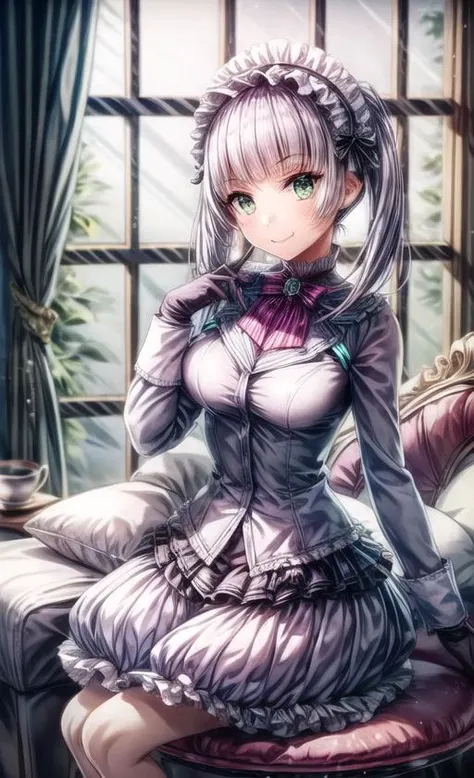 1girl, green eyes, solo, gloves, cup, smile, teacup, window, black gloves, twintails, sitting, grey hair, maid headdress, long hair, holding, blunt bangs, bow, hairband, tea, holding cup, lace-trimmed dress,
 <lora:add_detail:2>