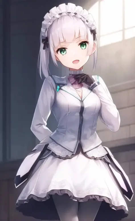 ((masterpiece)), (((best quality))), ((ultra-detailed)), ((illustration)), finely detail, extremely detailed CG unity 8k, highres, beautiful detailed eyes, finely detail, beautiful detailed eyes
1girl, gloves, green eyes, solo, open mouth, pantyhose, white pantyhose, black gloves, white hair, maid headdress, smile, outdoors, skirt, long sleeves, white skirt, looking at viewer, breasts, bangs, day, sky,