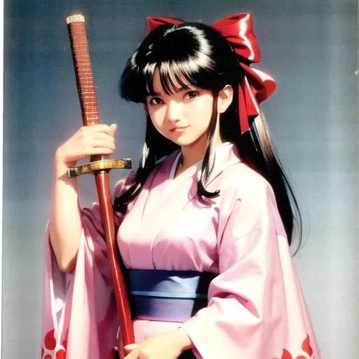 masterpiece, best quality,(1990s \(style\):1.2),Sakura Shinguuji (sakure wars), 1girl, weapon, solo, long hair, japanese clothes, bow, sword, black hair, brown eyes, hair bow, red bow, kimono, katana, pink kimono <lora:sakuraShinguujiSakureWars_v10:1>