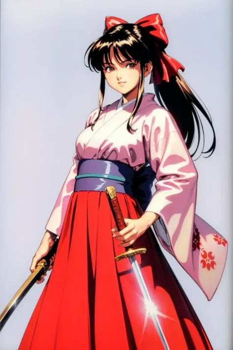 masterpiece, best quality,(1990s \(style\):1.2),Sakura Shinguuji (sakure wars), 1girl, weapon, solo, long hair, japanese clothes, bow, sword, black hair, brown eyes, hair bow, red bow, kimono, katana, pink kimono