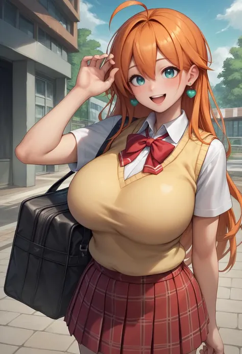 Masterpiece to the smallest detail、top-quality、1girl in、独奏、 student、170cm、hi-school girl、Model body type、perfectbody、 (((huge gigantic soft natural boobs:1.4))), Breasts so big that they hang on the floor、130 cm breast、XCup milk、Realistic nipples、Extraordinary Beauty、Hair with silky texture、12-year-old baby face、red hairs、Gradient Bob Forward、Two-color mesh、Beautiful eyes、Realistic pupils、Tall, big eyes、Outstanding looks、A lovely child、proximity、closed_mouth、a smile、red blush、full of shyness、blue headwear、Hats、pink bowtie、校服、 Blue jacket、jaket、skirt by the、Gray skirt shirt、white shirt、an legs、Black socks、sitting on、Classroom、hair_ornament、looking_at_viewer、beatiful detailed eyes、Akame、panties on、Professional effects、Charming gestures、
