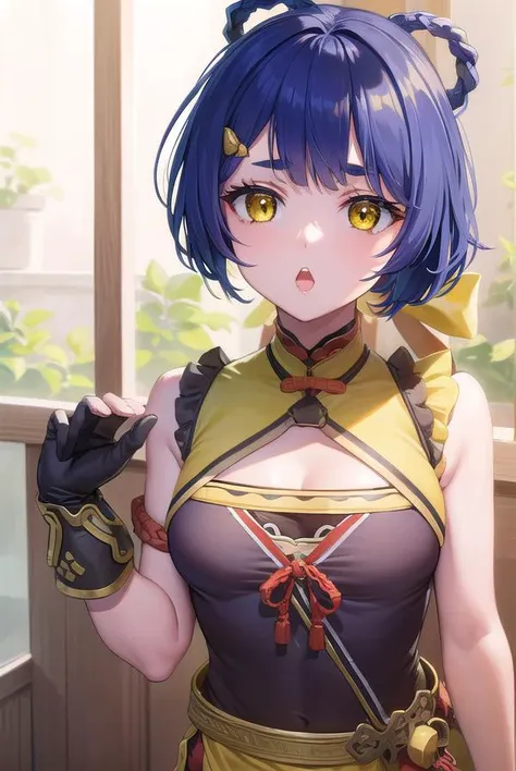 genshinxiangling, <lora:genshinxiangling-lora-nochekaiser:1>,
xiangling, blue hair, braid, braided hair rings, hair ornament, hair rings, hairclip, (yellow eyes:1.5), (small breasts:1.2), <lora:talkmouth_U_v100:1>, open mouth,
BREAK arm strap, bare shoulders, bell, belt, black footwear, black gloves, boots, brown belt, cleavage, cleavage cutout, clothing cutout, dress, fingerless gloves, gloves, high heels, jingle bell, thigh strap,
BREAK looking at viewer, (cowboy shot:1.5),
BREAK indoors, restaurant,
BREAK <lyco:GoodHands-beta2:1>, (masterpiece:1.2), best quality, high resolution, unity 8k wallpaper, (illustration:0.8), (beautiful detailed eyes:1.6), extremely detailed face, perfect lighting, extremely detailed CG, (perfect hands, perfect anatomy),