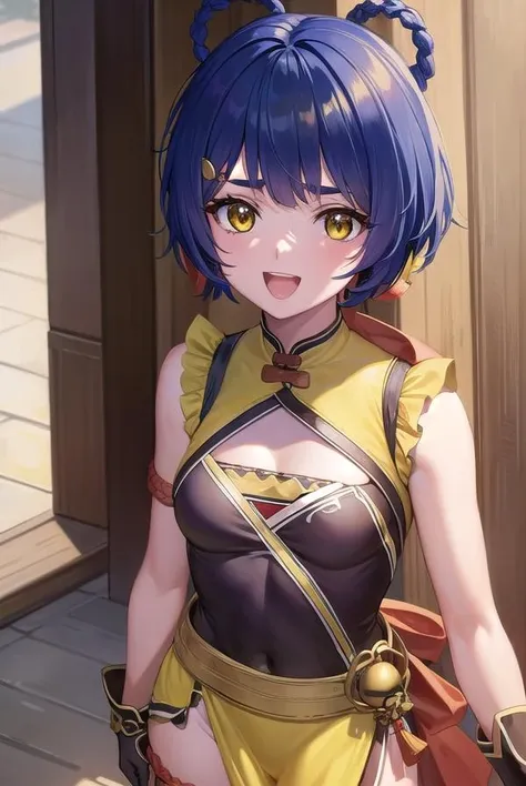 genshinxiangling, <lora:genshinxiangling-lora-nochekaiser:1>,
xiangling, blue hair, braid, braided hair rings, hair ornament, hair rings, hairclip, (yellow eyes:1.5), (small breasts:1.2), <lora:talkmouth_U_v100:1>, open mouth,
BREAK arm strap, bare shoulders, bell, belt, black footwear, black gloves, boots, brown belt, cleavage, cleavage cutout, clothing cutout, dress, fingerless gloves, gloves, high heels, jingle bell, thigh strap,
BREAK looking at viewer, (cowboy shot:1.5),
BREAK indoors, restaurant,
BREAK <lyco:GoodHands-beta2:1>, (masterpiece:1.2), best quality, high resolution, unity 8k wallpaper, (illustration:0.8), (beautiful detailed eyes:1.6), extremely detailed face, perfect lighting, extremely detailed CG, (perfect hands, perfect anatomy),