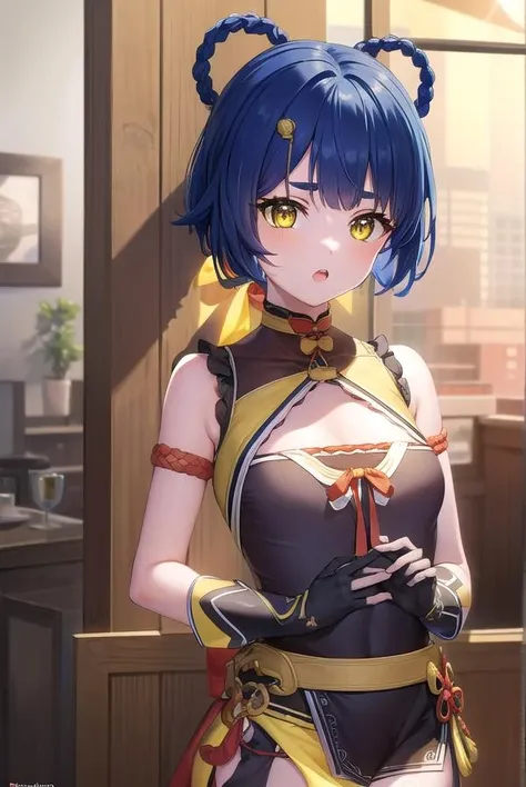 genshinxiangling, xiangling, blue hair, braid, braided hair rings, hair ornament, hair rings, hairclip, (yellow eyes:1.5), (small breasts:1.2), open mouth,
BREAK arm strap, bare shoulders, bell, belt, black footwear, black gloves, boots, brown belt, cleavage, cleavage cutout, clothing cutout, dress, fingerless gloves, gloves, high heels, jingle bell, thigh strap,
BREAK looking at viewer, (cowboy shot:1.5),
BREAK indoors, restaurant,
BREAK (masterpiece:1.2), best quality, high resolution, unity 8k wallpaper, (illustration:0.8), (beautiful detailed eyes:1.6), extremely detailed face, perfect lighting, extremely detailed CG, (perfect hands, perfect anatomy),