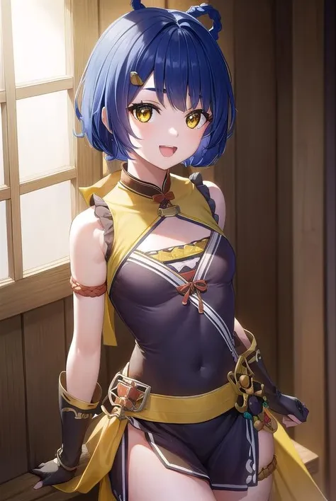 genshinxiangling, xiangling, blue hair, braid, braided hair rings, hair ornament, hair rings, hairclip, (yellow eyes:1.5), (small breasts:1.2), open mouth,
BREAK arm strap, bare shoulders, bell, belt, black footwear, black gloves, boots, brown belt, cleavage, cleavage cutout, clothing cutout, dress, fingerless gloves, gloves, high heels, jingle bell, thigh strap,
BREAK looking at viewer, (cowboy shot:1.5),
BREAK indoors, restaurant,
BREAK (masterpiece:1.2), best quality, high resolution, unity 8k wallpaper, (illustration:0.8), (beautiful detailed eyes:1.6), extremely detailed face, perfect lighting, extremely detailed CG, (perfect hands, perfect anatomy),