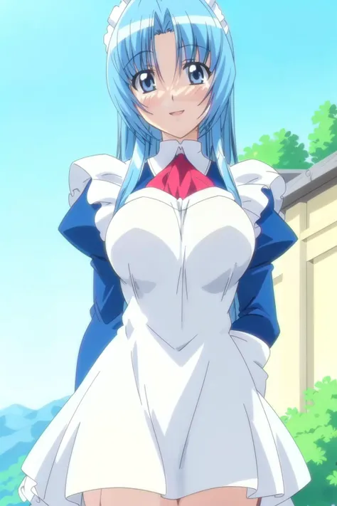 mariel_s2, long hair, blue hair, blue eyes, masterpiece, <lora:Masterpiace:0.5>,
<lora:Mariel S2_v1.0:0.75>,
anime screencap, outdoors, blue sky,
1girl, solo, long hair, blue hair, blue eyes, cowboy shot, smile,
looking at viewer, blush, big breasts, open mouth, water, maid, dress maid, thighs, perfect lighting, balanced lights