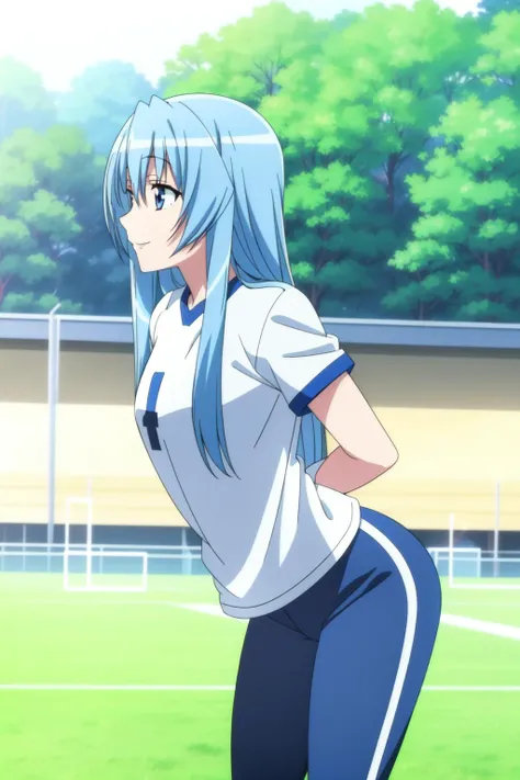 solo, 1girl, masterpiece, best quality, anime, highly detailed background, perfect lighting, (beautiful, best quality:1.1),
<lora:Mariel S2_v1.0:0.6>, long hair, blue eyes, blue hair,
soccer jersey, yoga pants, black pants, light smile, arms behind back, leaning forward, football training camp, outdoors, day,