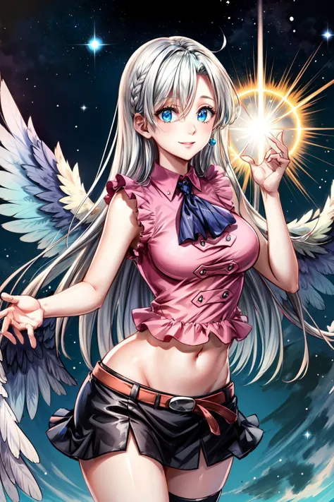 smug fairy girl princess goddess, mean, laughing hard, very thin, confident, arrogant, halo, empowered by divine energy, surrounded by spiraling strands of pure magic, magical fairy wings, stockings, red eye, tiara makeup, blush, eye shadow, lots of luxurious jewelries, flawless shiny silver hair, perfect teeth, looking at viewer, from below, solo,