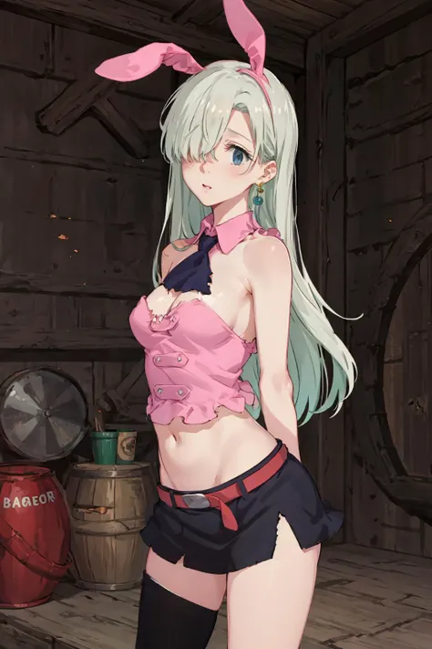 BREAK (best quality), (masterpiece), 1girl, torn clothes, (torn) playboy bunny, photo session, fishnet legwear, arms behind back, <lora:elizabeth_liones_v3:1> hmeliza, 1girl, hair over one eye, jewelry, single thighhigh, midriff, black skirt, asymmetrical legwear, pink shirt, black thighhighs, belt, miniskirt