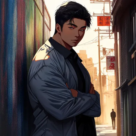 masterpiece, best quality,( extremely detailed:1.3), absurdres, asian man leaning against a wall, looking at viewer, oil painting style, <lora:add_detail:0.5>