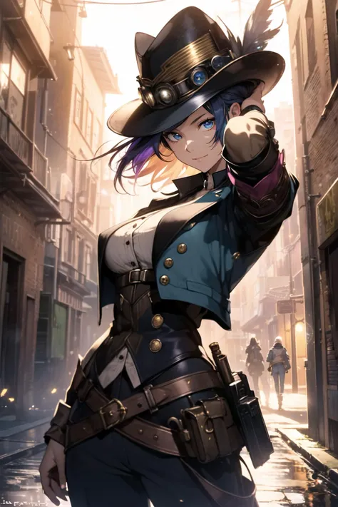 (Magical Photo:1.3) of (Realistic:1.3),(Energetic:1.3) a young adult woman, steampunk suit on, steampunk hat on, short asymmetrical hair, multicolored hair, bokeh, night, loking at viewer, dynamic pose,,(by Artist Julian Onderdonk:1.3),Highly Detailed,(CineColor:1.3),(close portrait:1.3),thematic background