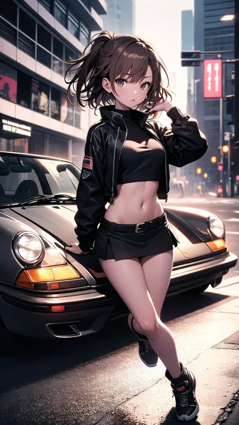 (best quality, masterpiece, extremely detailed:1.2), cyberpunk, city, night, dark shot, dark theme,
1girl, misaka mikoto, brown hair, brown eyes, small breasts, crop top, (miniskirt:1.4), panties, (leg up:1.1), spread legs, sitting on the hood of the car, porsche 911, racing form,