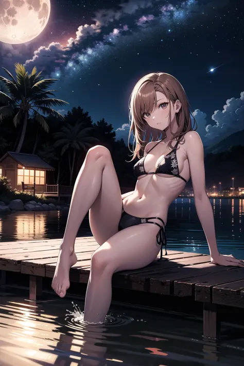 ((masterpiece,Highest quality)), High resolution, Highly detailed 8K wallpapers, depth_of_Field, Are standing, above knee view, alone, 1人of, Saeki Sayaka Yagatekimininaru, Long Hair, 薄茶色of髪, Braiding, 緑of目, bow, Big Breasts, , (Minimal Micro Bikini:1.2), (White Bikini:1.4), Pool, night,