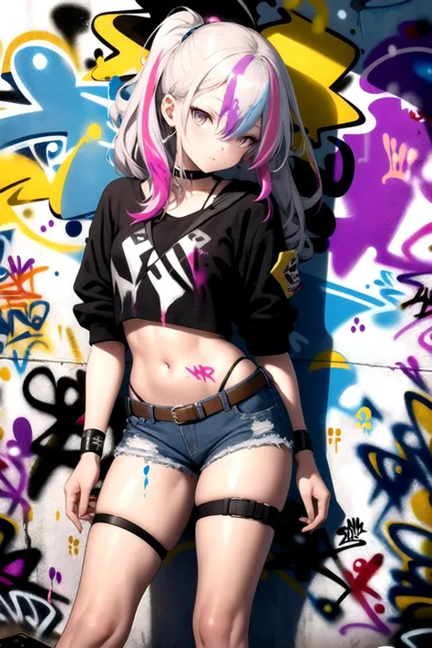 absurdres, best quality,1girl, solo, streaked hair, crop top, denim shorts, choker, (graffiti:1.5), <lyco:GoodHands-beta2:1.0>, paint splatter, arms behind back, (slouching), leaning back, against wall, (leaning to the side:0.25), looking at viewer, armband, thigh strap, streaked hair, paint on body, upturned eyes, head down, head tilt, (from side:0.75), bored, (expressionless:0.75)